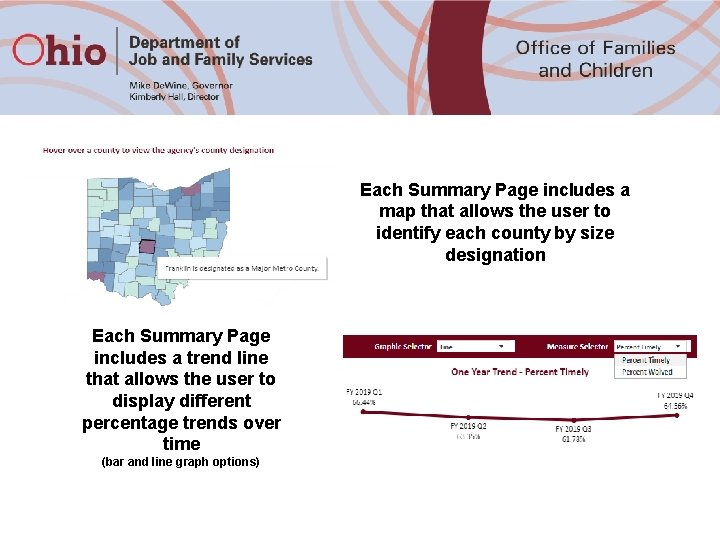 Each Summary Page includes a map that allows the user to identify each county