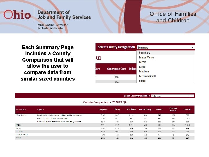 Each Summary Page includes a County Comparison that will allow the user to compare