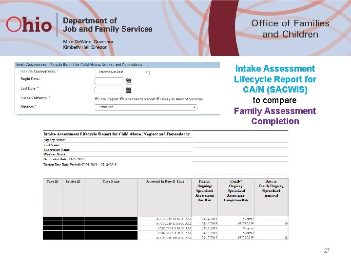 Intake Assessment Lifecycle Report for CA/N (SACWIS) to compare Family Assessment Completion 27 