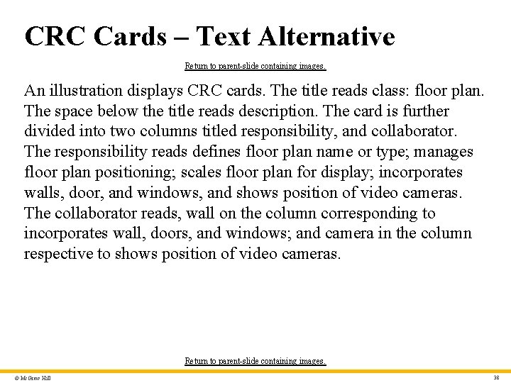 CRC Cards – Text Alternative Return to parent-slide containing images. An illustration displays CRC