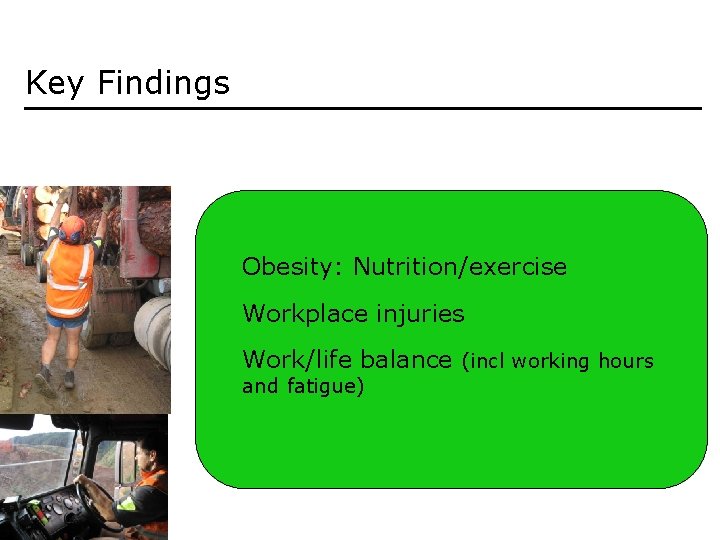 Key Findings Obesity: Nutrition/exercise Workplace injuries Work/life balance (incl working hours and fatigue) 