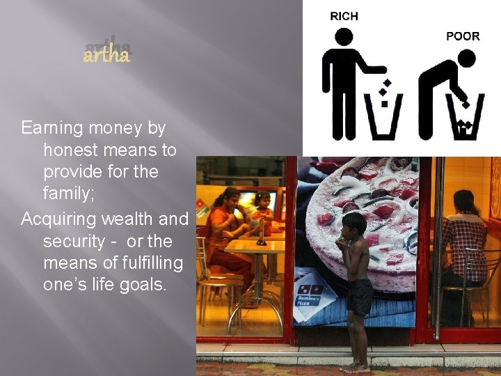 artha Earning money by honest means to provide for the family; Acquiring wealth and