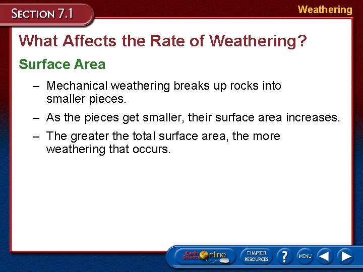 Weathering What Affects the Rate of Weathering? Surface Area – Mechanical weathering breaks up