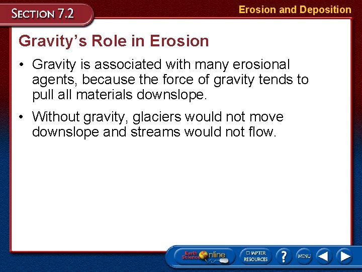 Erosion and Deposition Gravity’s Role in Erosion • Gravity is associated with many erosional