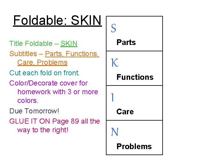 Foldable: SKIN Title Foldable – SKIN Subtitles – Parts, Functions, Care, Problems Cut each