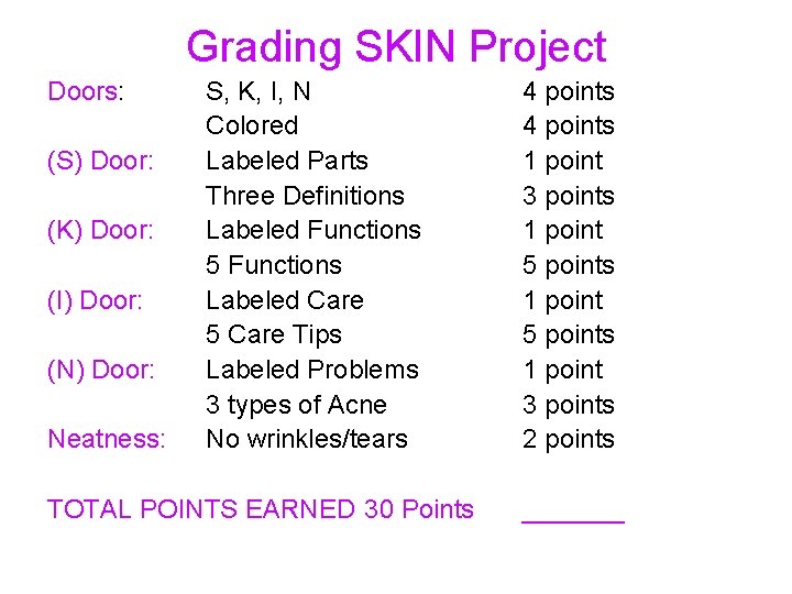 Grading SKIN Project Doors: (S) Door: (K) Door: (I) Door: (N) Door: Neatness: S,