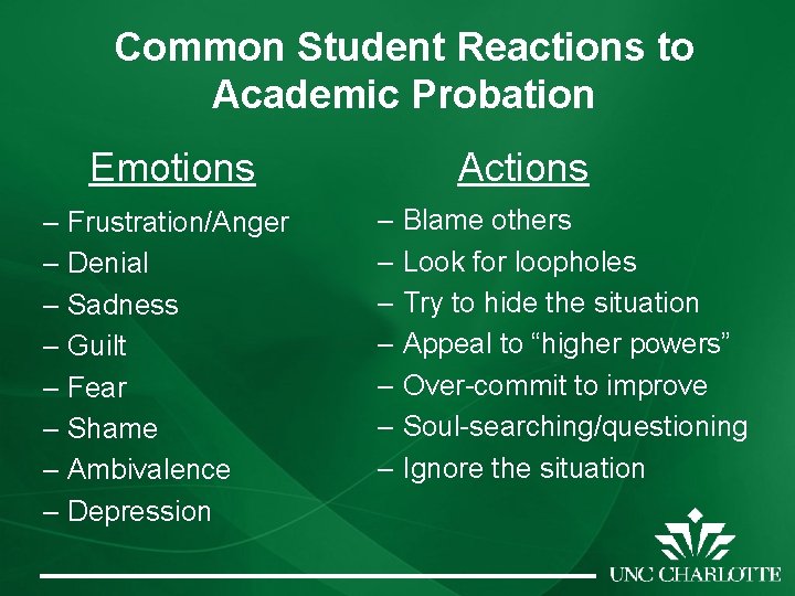 Common Student Reactions to Academic Probation Emotions – Frustration/Anger – Denial – Sadness –