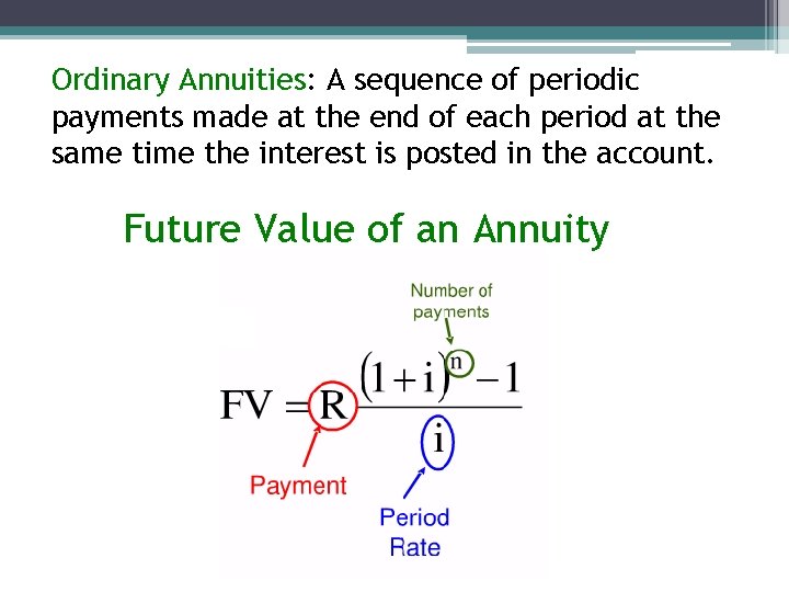 Ordinary Annuities: A sequence of periodic payments made at the end of each period