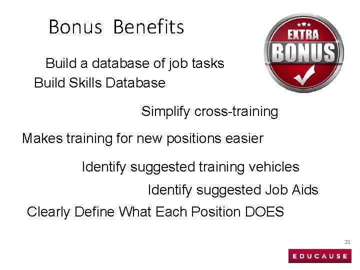 Bonus Benefits Build a database of job tasks Build Skills Database Simplify cross-training Makes