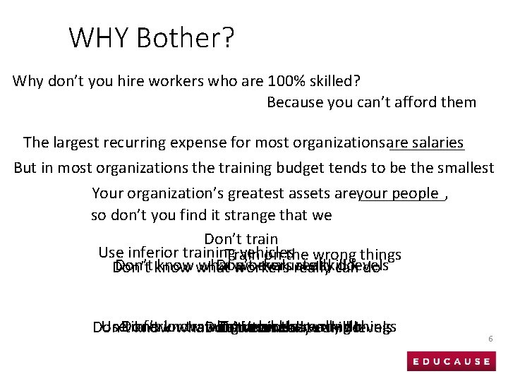 WHY Bother? Why don’t you hire workers who are 100% skilled? Because you can’t