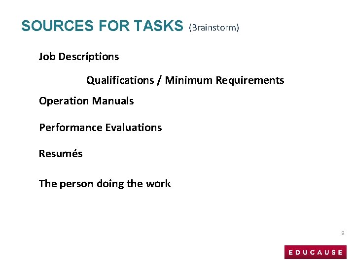 SOURCES FOR TASKS (Brainstorm) Job Descriptions Qualifications / Minimum Requirements Operation Manuals Performance Evaluations