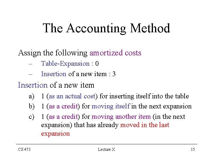 The Accounting Method Assign the following amortized costs – – Table-Expansion : 0 Insertion