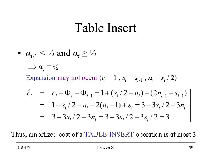 Table Insert • αi-1 < ½ and αi ≥ ½ αi = ½ Expansion
