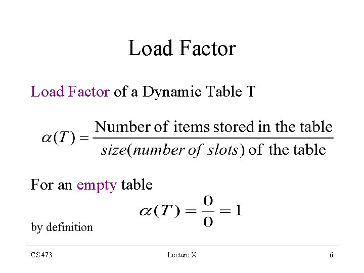 Load Factor of a Dynamic Table T For an empty table by definition CS