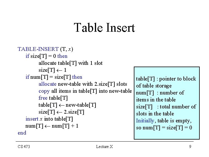 Table Insert TABLE-INSERT (T, x) if size[T] = 0 then allocate table[T] with 1