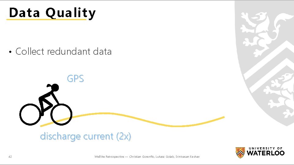 Data Quality • Collect redundant data GPS discharge current (2 x) 42 We. Bike