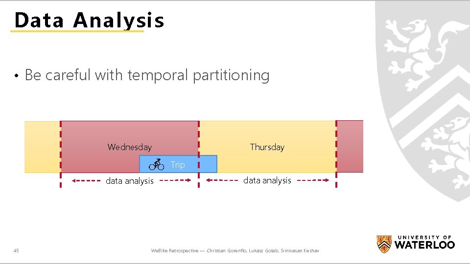 Data Analysis • Be careful with temporal partitioning Wednesday Thursday Trip data analysis 45