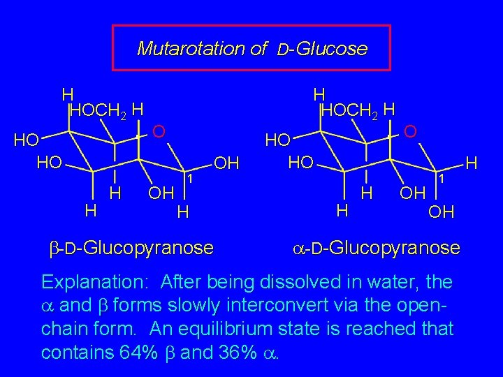 Mutarotation of D-Glucose H HOCH 2 H HO HO H HOCH 2 H O
