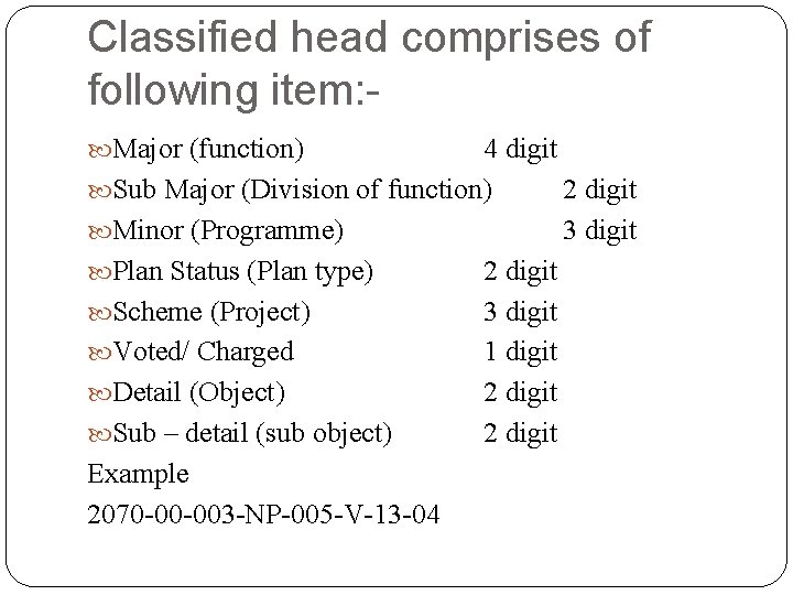 Classified head comprises of following item: Major (function) 4 digit Sub Major (Division of