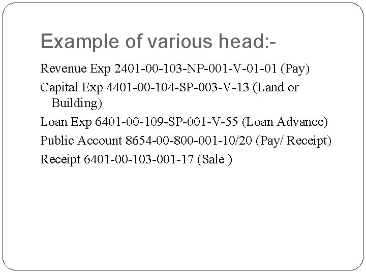 Example of various head: Revenue Exp 2401 -00 -103 -NP-001 -V-01 -01 (Pay) Capital