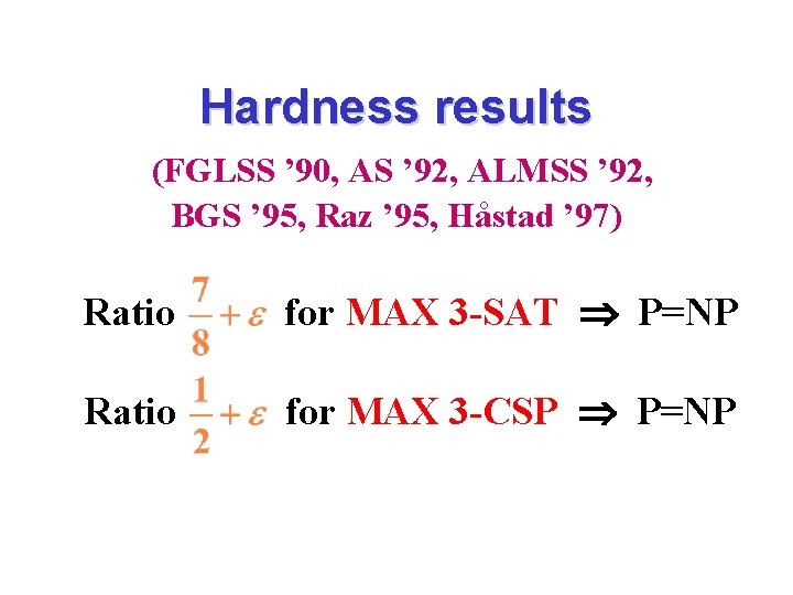 Hardness results (FGLSS ’ 90, AS ’ 92, ALMSS ’ 92, BGS ’ 95,