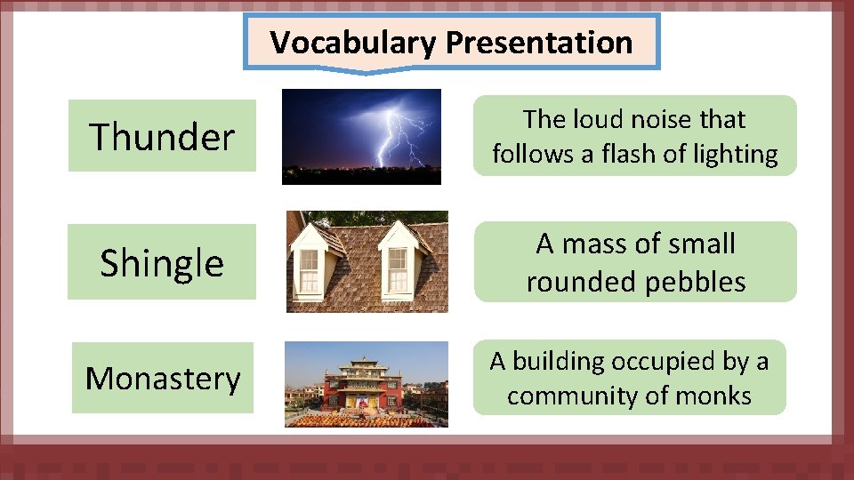 Vocabulary Presentation Thunder The loud noise that follows a flash of lighting Shingle A