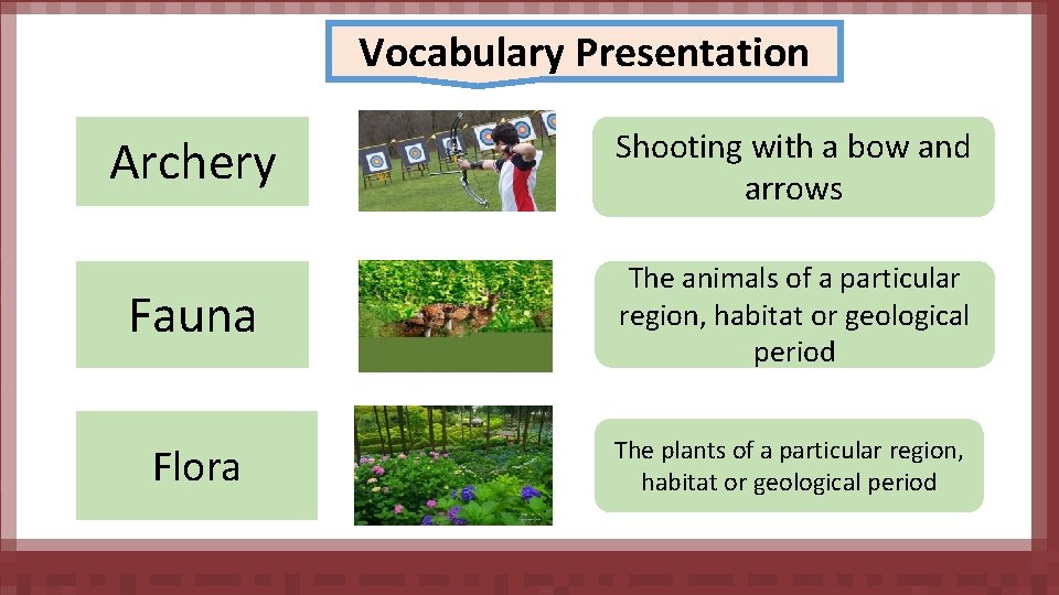 Vocabulary Presentation Archery Shooting with a bow and arrows Fauna The animals of a