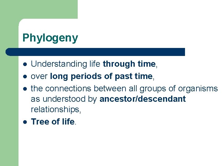 Phylogeny l l Understanding life through time, over long periods of past time, the