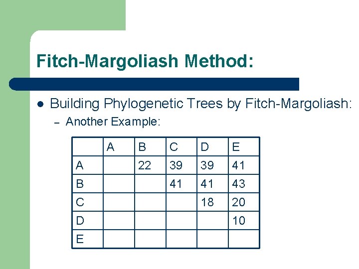 Fitch-Margoliash Method: l Building Phylogenetic Trees by Fitch-Margoliash: – Another Example: A A B