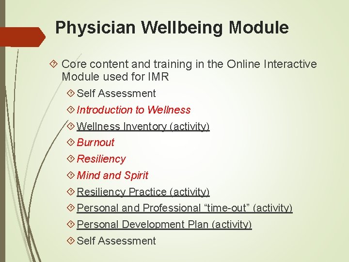 Physician Wellbeing Module Core content and training in the Online Interactive Module used for