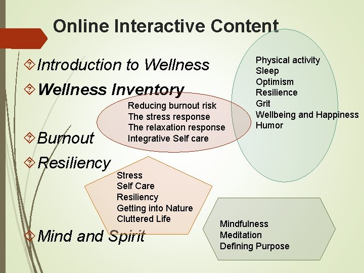 Online Interactive Content Introduction to Wellness Inventory Burnout Resiliency Reducing burnout risk The stress