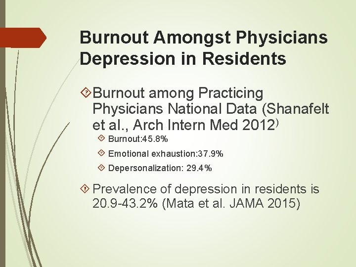 Burnout Amongst Physicians Depression in Residents Burnout among Practicing Physicians National Data (Shanafelt et