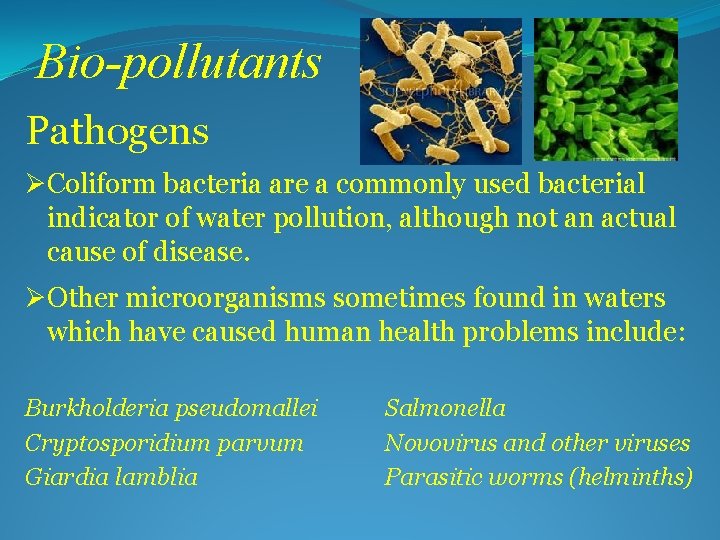 Bio-pollutants Pathogens ØColiform bacteria are a commonly used bacterial indicator of water pollution, although