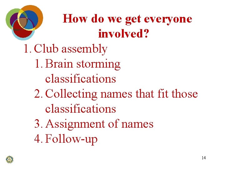 How do we get everyone involved? 1. Club assembly 1. Brain storming classifications 2.