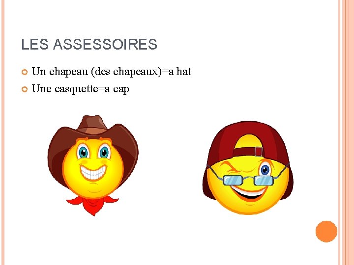 LES ASSESSOIRES Un chapeau (des chapeaux)=a hat Une casquette=a cap LES ASSESSOIRES Un chapeau (des chapeaux)=a hat Une casquette=a cap