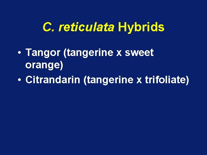 C. reticulata Hybrids • Tangor (tangerine x sweet orange) • Citrandarin (tangerine x trifoliate)