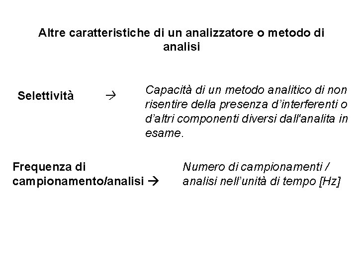 Altre caratteristiche di un analizzatore o metodo di analisi Selettività Capacità di un metodo