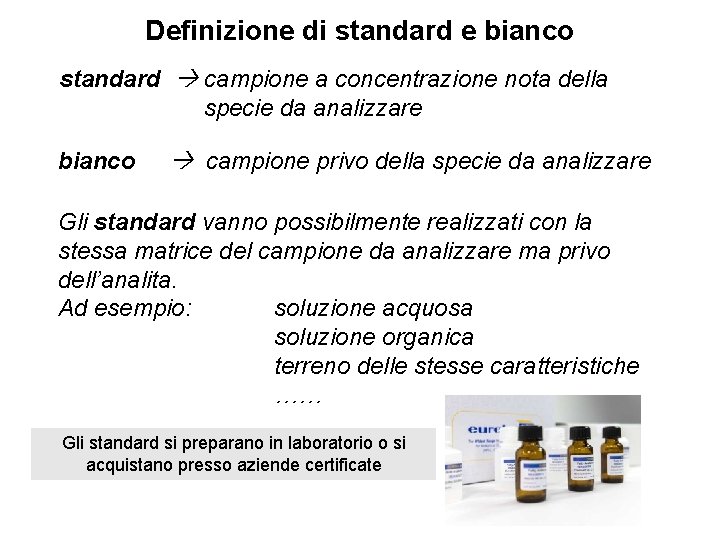 Definizione di standard e bianco standard campione a concentrazione nota della specie da analizzare