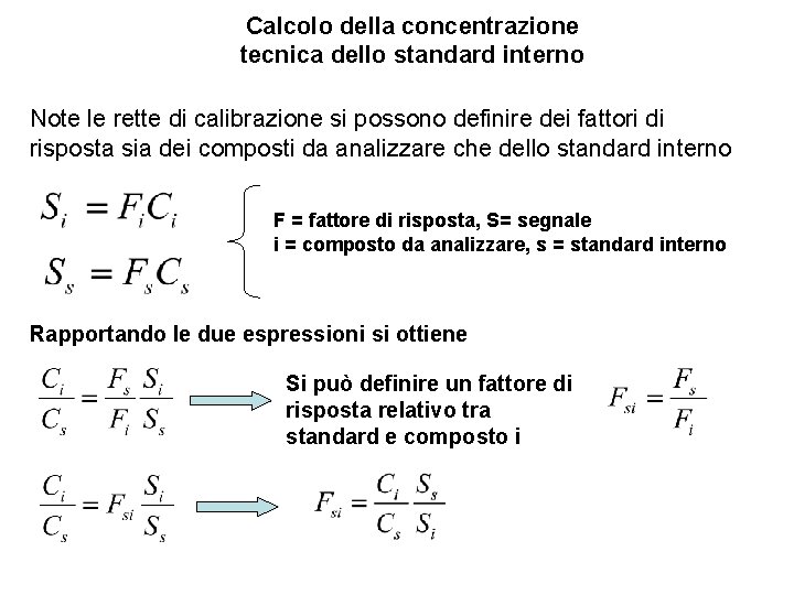 Calcolo della concentrazione tecnica dello standard interno Note le rette di calibrazione si possono