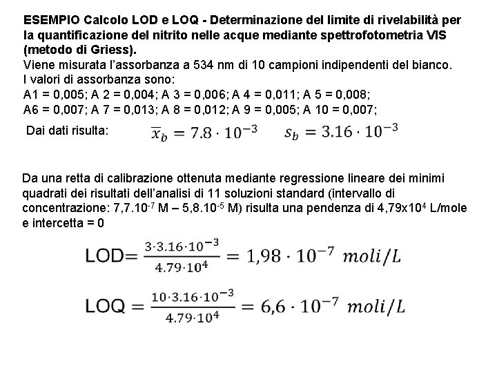 ESEMPIO Calcolo LOD e LOQ - Determinazione del limite di rivelabilità per la quantificazione