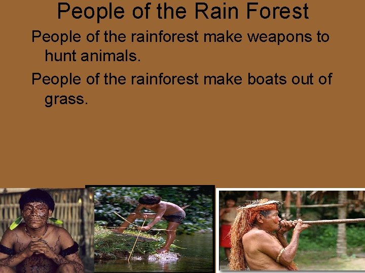 People of the Rain Forest People of the rainforest make weapons to hunt animals.