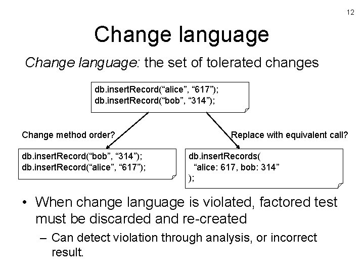 12 Change language: the set of tolerated changes db. insert. Record(“alice”, “ 617”); db.