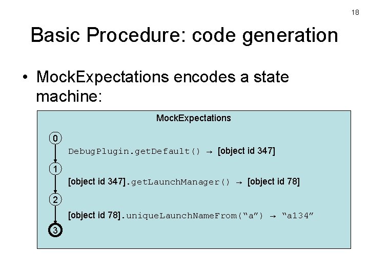 18 Basic Procedure: code generation • Mock. Expectations encodes a state machine: Mock. Expectations