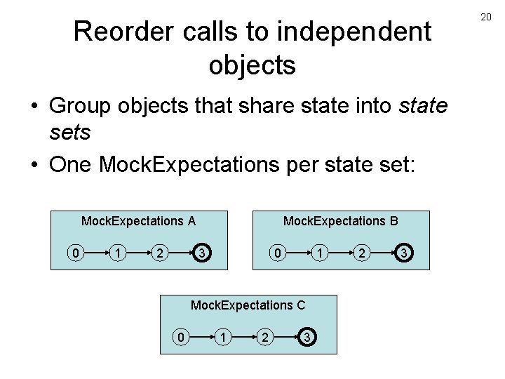 Reorder calls to independent objects • Group objects that share state into state sets