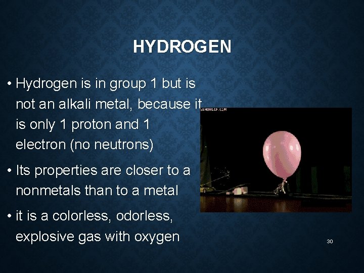 HYDROGEN • Hydrogen is in group 1 but is not an alkali metal, because