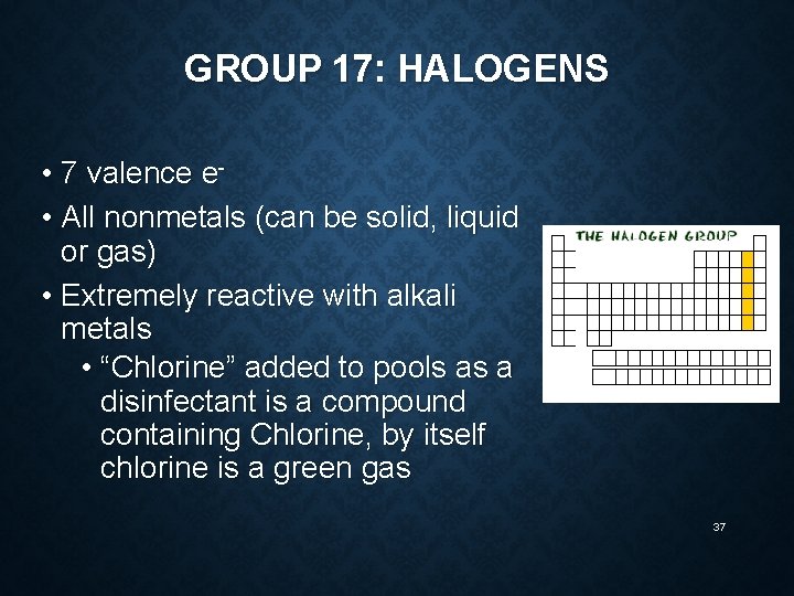 GROUP 17: HALOGENS • 7 valence e • All nonmetals (can be solid, liquid