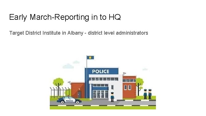 Early March-Reporting in to HQ Target District Institute in Albany - district level administrators