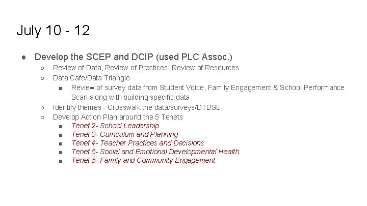 July 10 - 12 ● Develop the SCEP and DCIP (used PLC Assoc. )