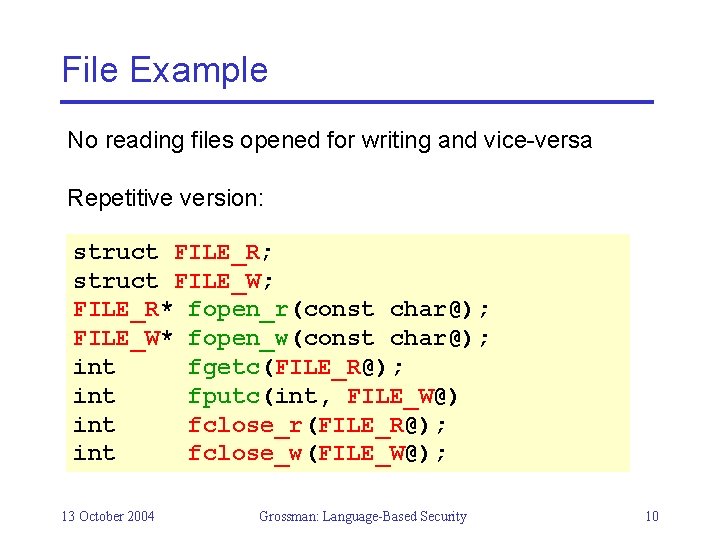 File Example No reading files opened for writing and vice-versa Repetitive version: struct FILE_R;