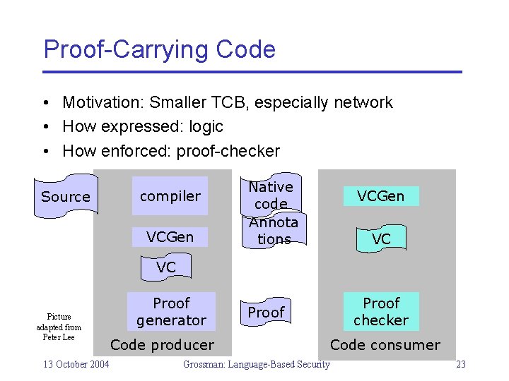 Proof-Carrying Code • Motivation: Smaller TCB, especially network • How expressed: logic • How